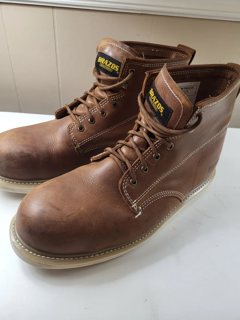 Brazos Men's Tan Leather Work Boots - Lace-Up Construction, Size 12
